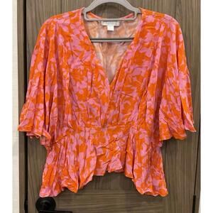 Bunulu Womens V Neck Short Sleeve Cropped Blouse Size L